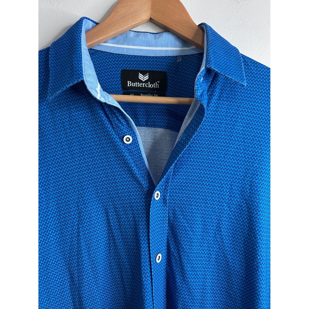 Buttercloth Mens Blue Geometric Print Long Sleeve Button Shirt Regular Fit M - Picture 2 of 5